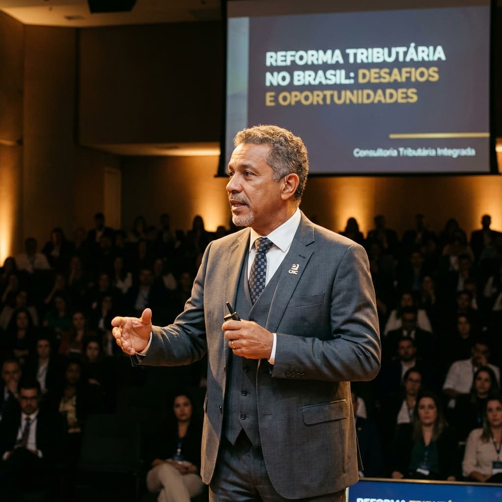 Felipe Dutra apresentando sobre a Reforma Tributária em evento corporativo